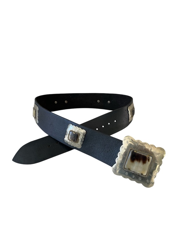 Vintage Accessories - Vintage Silver Tone Concho Black Leather Bone Inlay Belt Engraved Western Belt